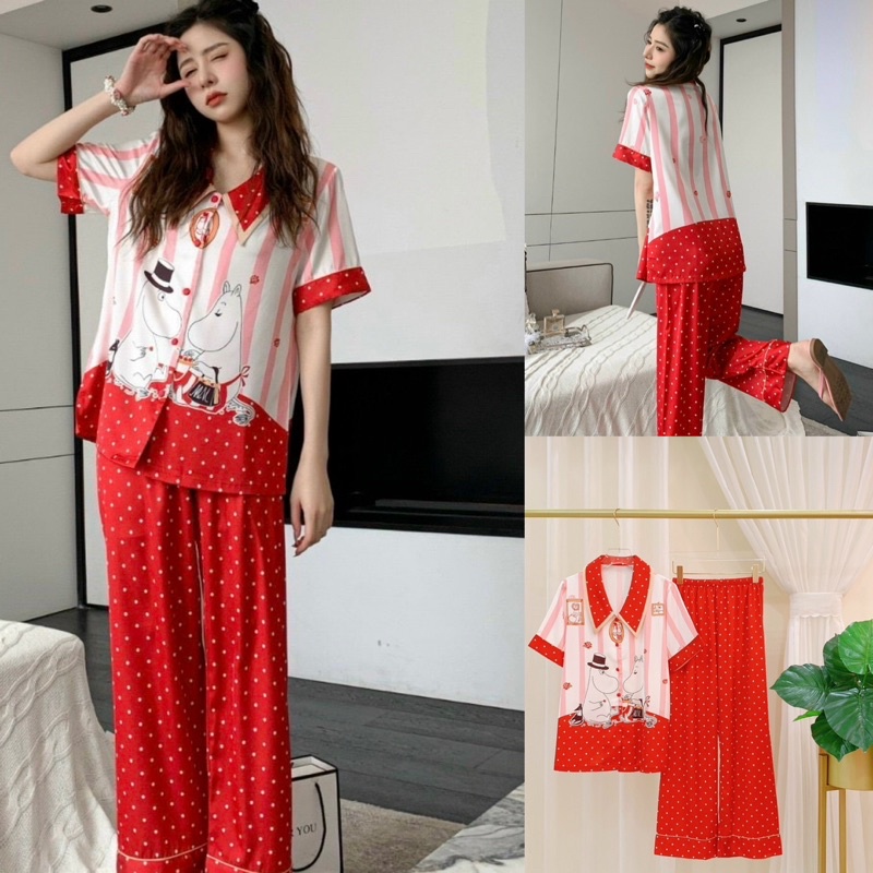 BỘ PYJAMA LỤA CỘC DÀI HOẠ TIẾT ĐỎ XINH