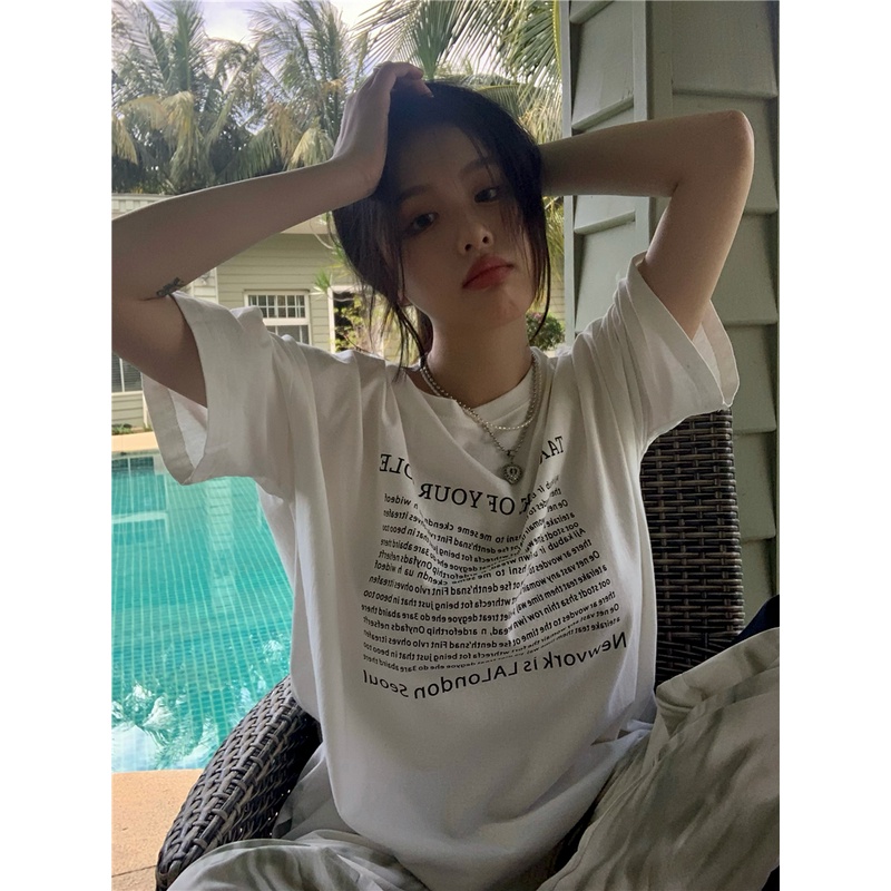 「MOTEL7」Áo Thun Cotton Ngắn Tay Dáng Rộng In Chữ Thời Trang Cho Nữ