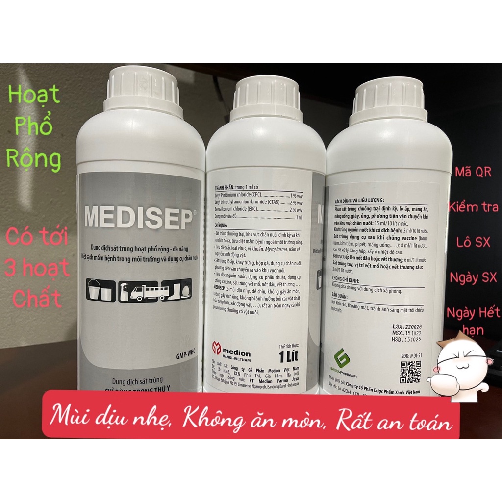 Dung dịch sát trùng hoạt phổ rộng - Đa năng MEDISEP Diệt khuẩn có mùi nhẹ, dễ chịu, không ăn mòn và rất an toàn