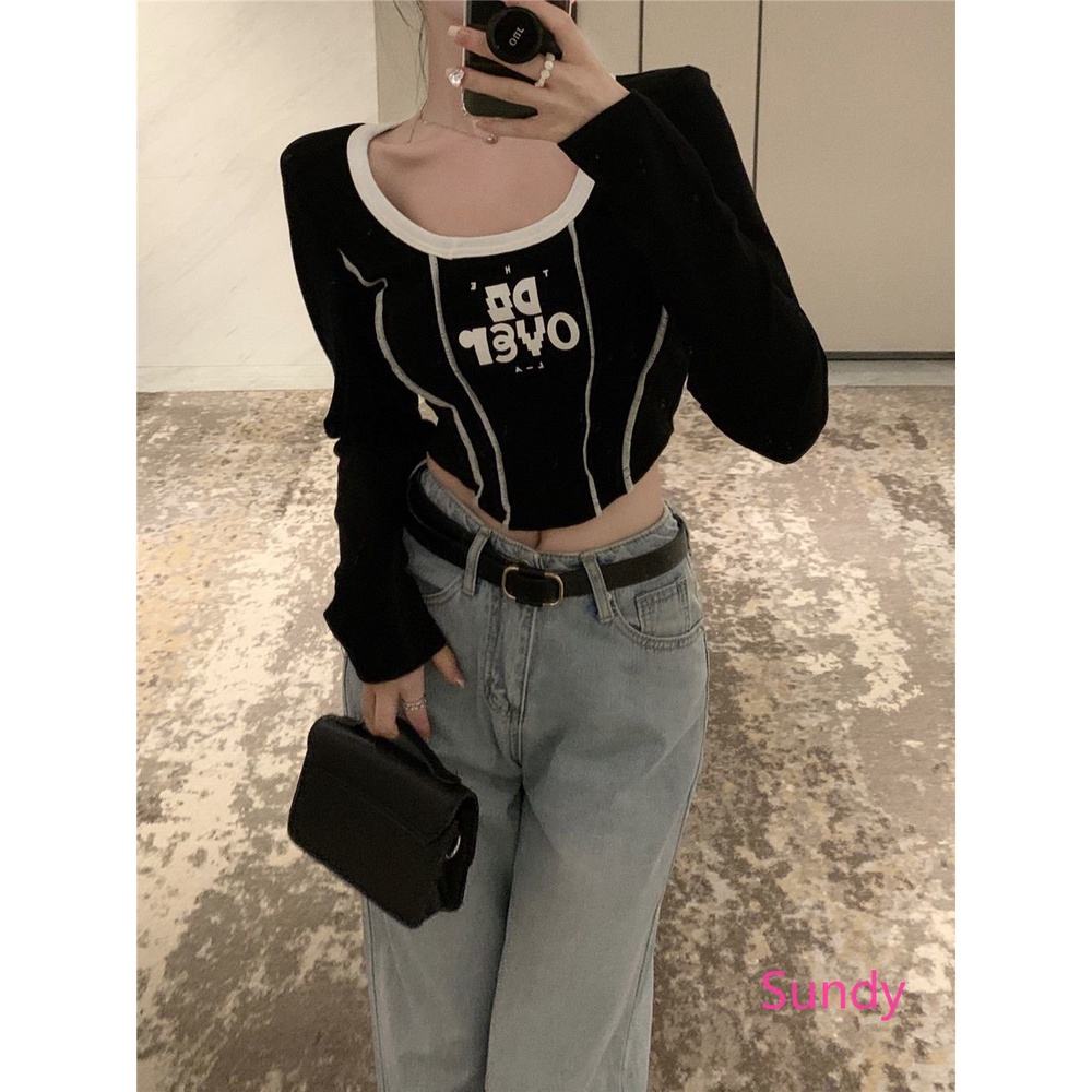 Áo Croptop Tay Dài Cổ Tròn In Chữ Phong Cách Phương Tây Thời Trang Mùa Xuân Cho Nữ