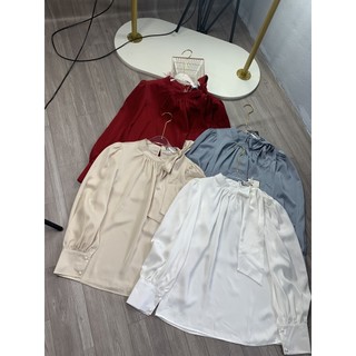 Áo sơ mi lụa cổ nơ lệch tay bồng dài tay 183