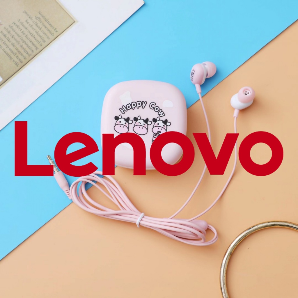 Tai nghe nhét tai LENOVO có dây giắc cắm 3.5mm giảm tiếng ồn có hộp đựng họa tiết bò sữa hoạt hình đáng yêu