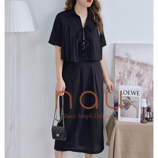 Set linen áo phối dây cột chân váy midi