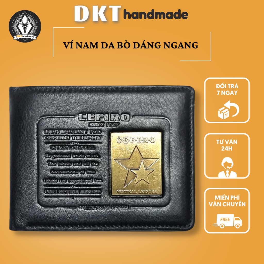 Ví Da Nam Cefiro Da Bò Mềm Dáng ngang Họa Tiết Sao Năm Cánh, Logo Đồng Cao Cấp, Sang Trọng Nam Tính