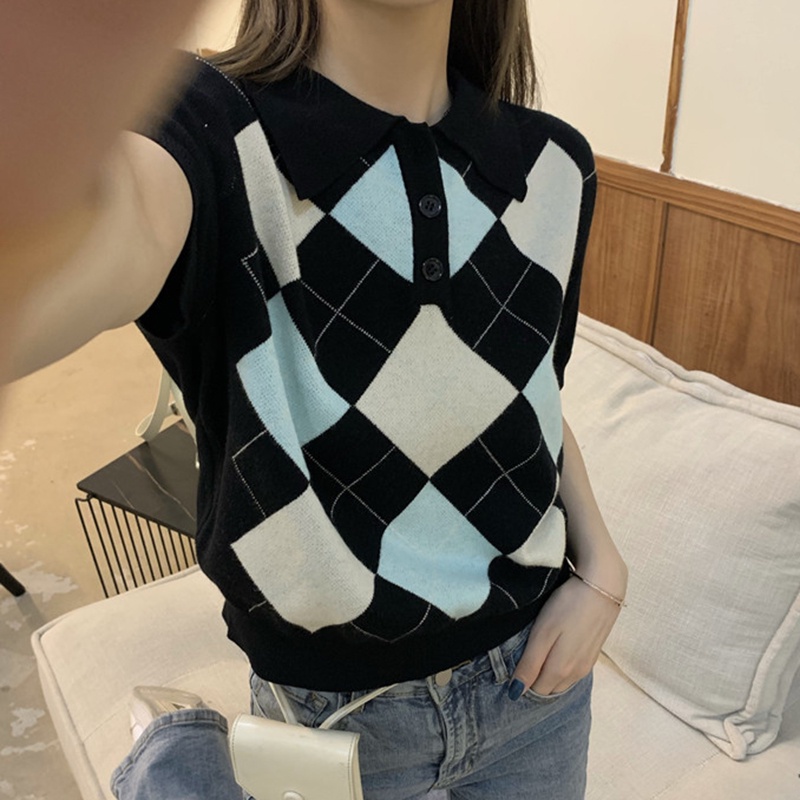 IELGY Áo Dệt Kim Ngắn Tay Họa Tiết Hình Thoi Thời Trang Cho Nữ