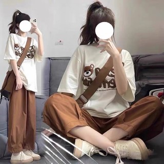 Set bộ áo thun mix quần kaki ống rộng - gấu nâu