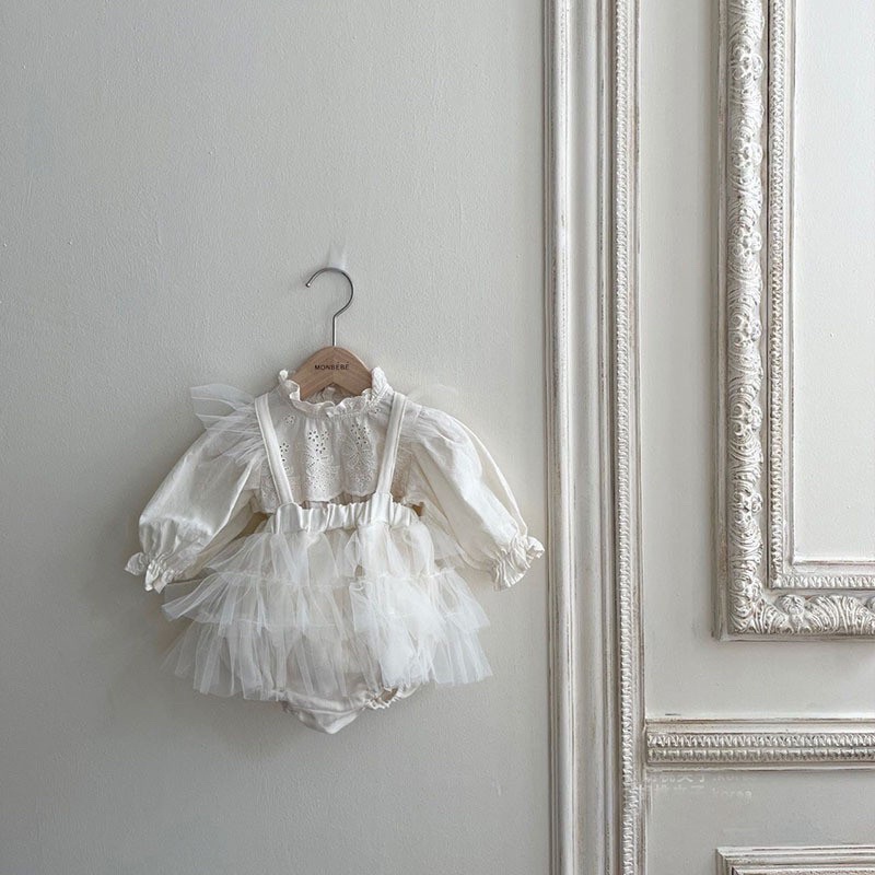 yếm ren cotton thô phối voan lưới Hàn Quốc cho bé gái