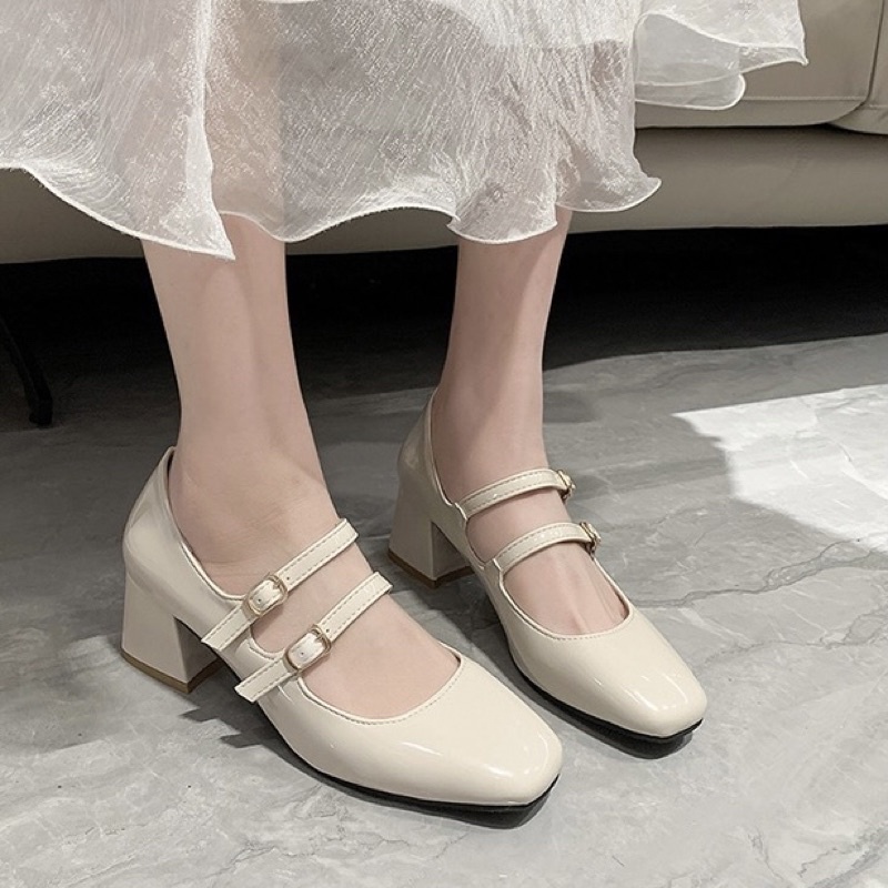 Giày búp bê nữ Mary Jane da bóng gót vuông cao 5cm có 2 quai khoá cài