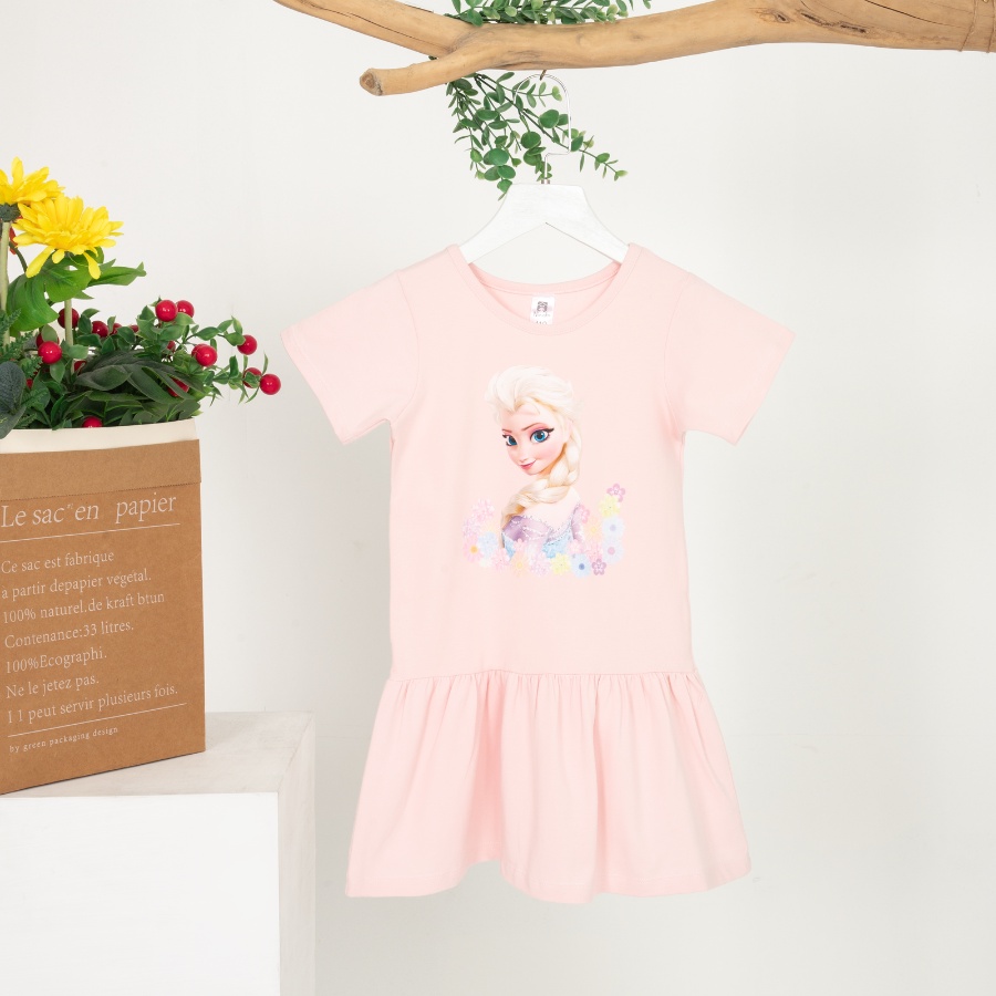 Váy elsa cho bé gái thun cotton tay ngắn in hình hoạt hình, đầm đuôi cá bé gái Áo Lá Homewear NNB004