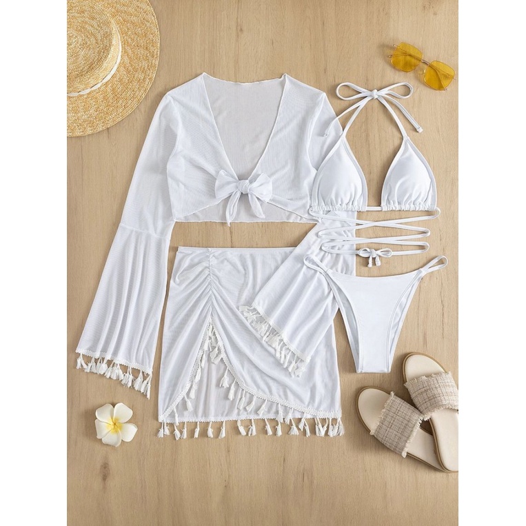 Bộ Đồ Bơi Lưới Bốn Mảnh Màu Trơn Tua Rua Xuyên Biên Giới Mới Năm 2023 Phong Cách Âu Mỹ Cho Nữ