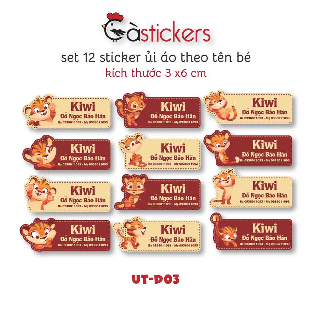 Sticker ủi áo in tên trẻ em GaStickers UT-D03- bộ 12 miếng kích thước 3 x 6 cm