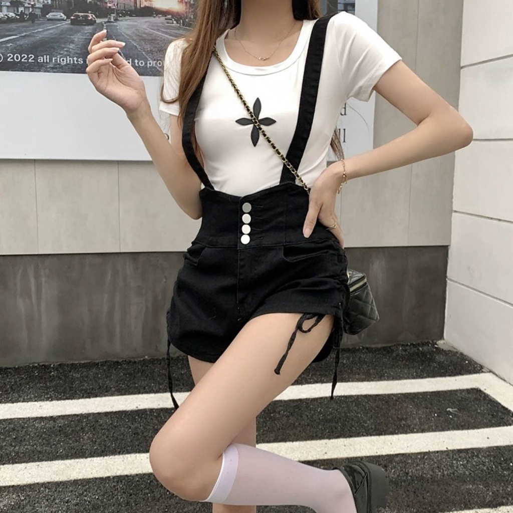 Bán Chạy Nhất Jiashucheng#Quần Short Yếm Denim Lưng Cao Phối Dây Rút Thời Trang Cho Nữ