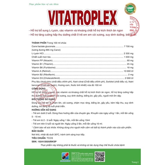 Siro Vitatroplex 120ml giúp trẻ tăng chiều cao,khoẻ mạnh