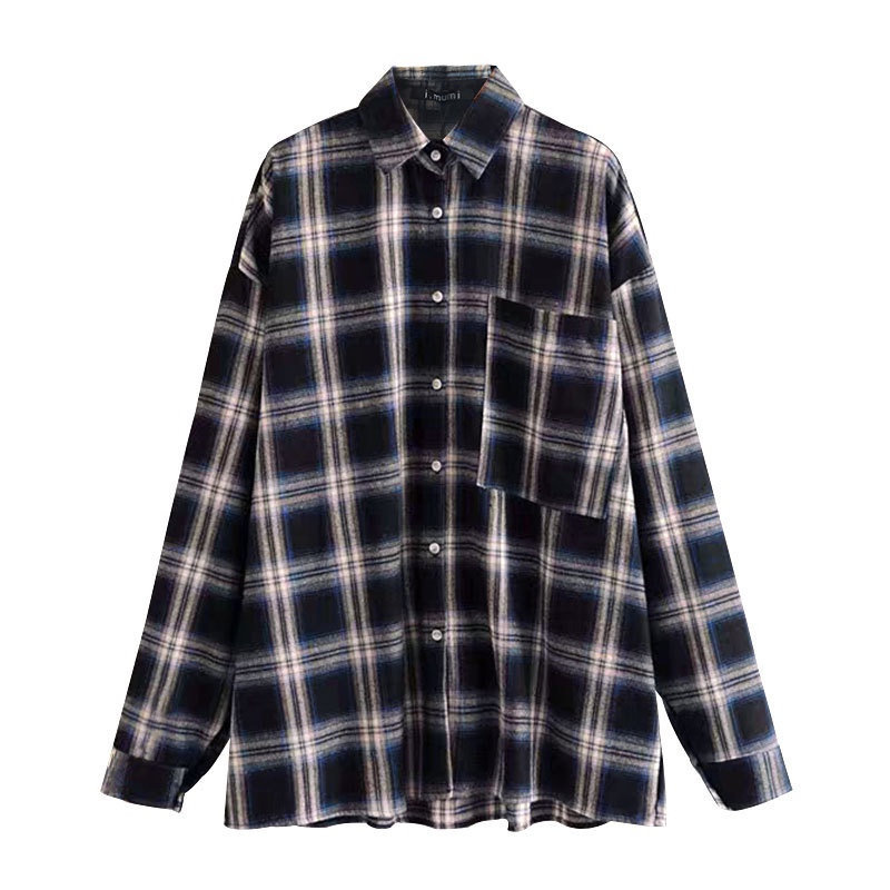 Áo Khoác Sơ Mi Caro Tay Dài Màu Sắc Tương Phản Phong Cách Hàn Quốc Cho Nữ