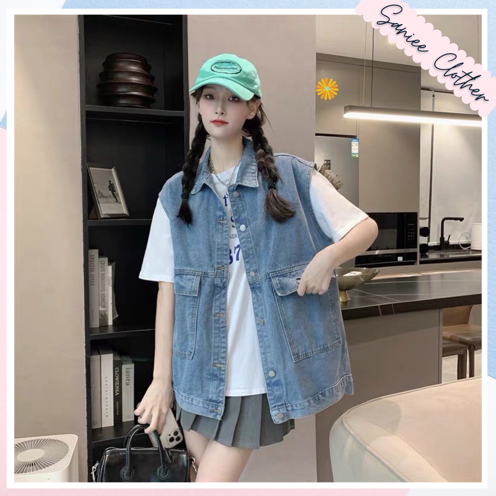 Áo gile jeans nữ dáng hàn, áo khoác bò nữ không tay có túi style đường phố Saniee Clothes