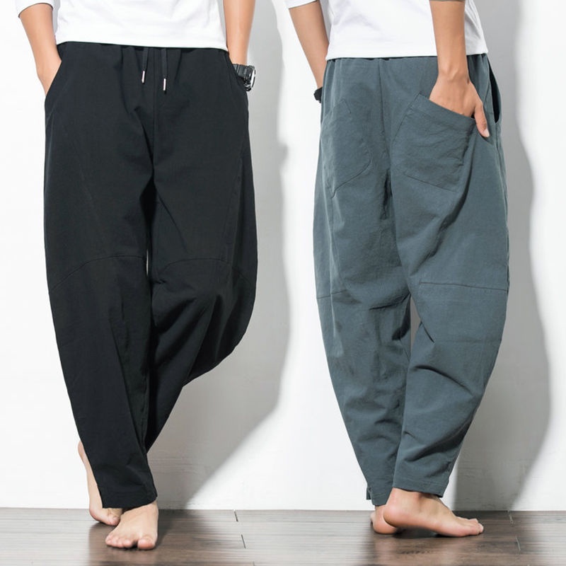 Quần Dài Vải Lanh Cotton Ống Rộng Thoáng Khí Plus Size Phong Cách Trung Hoa Cho Nam