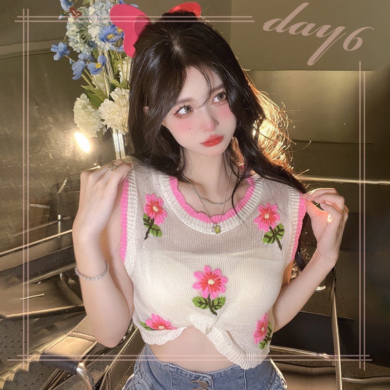 Áo Tank Top Dệt Kim Sát Nách In Hoa Kiểu Hàn Quốc Xinh Xắn Cho Bạn Gái