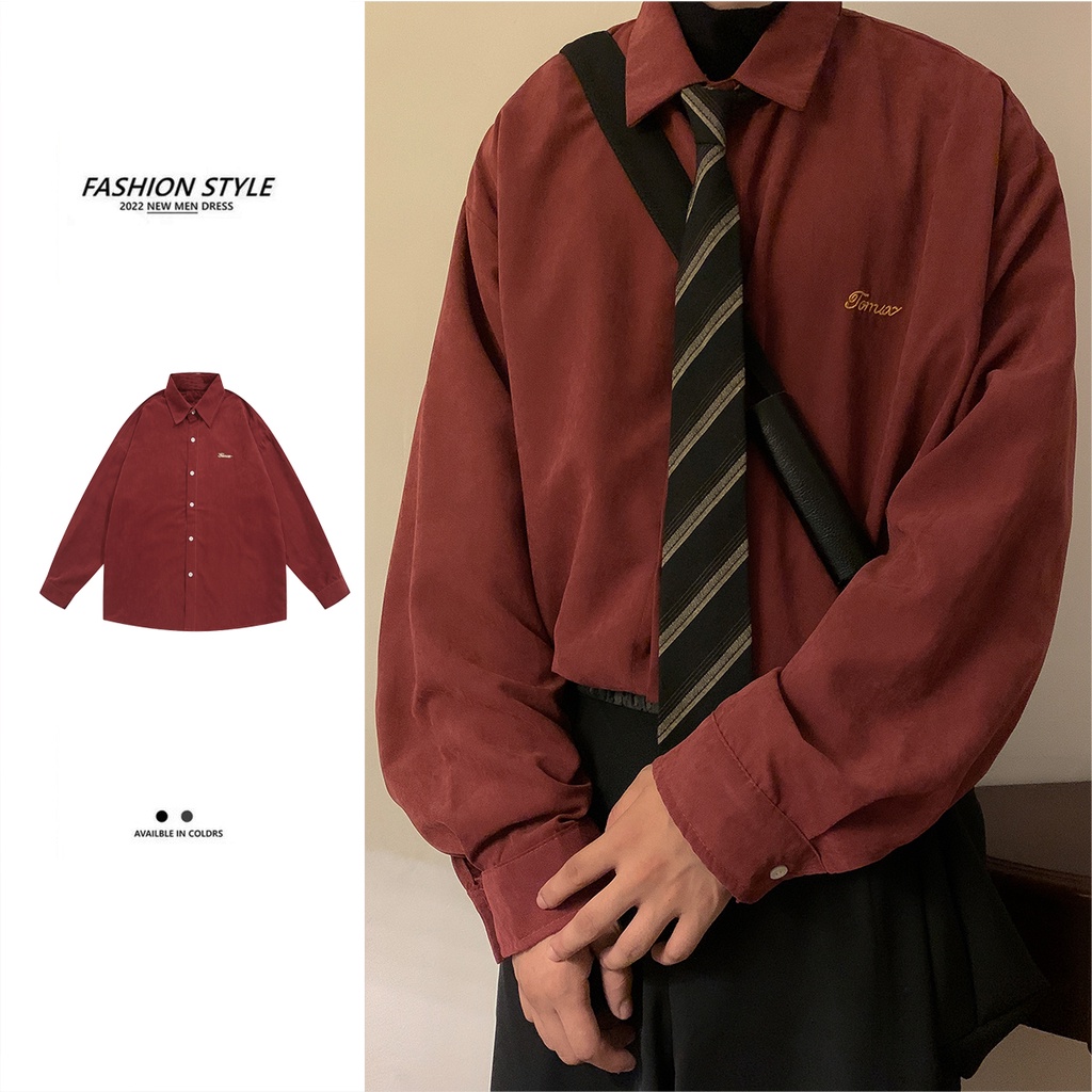 Áo Sơ Mi Burgundy Nam Dài Tay Áo Sơ Mi Rời Phong Cách Retro Mỹ Áo Khoác