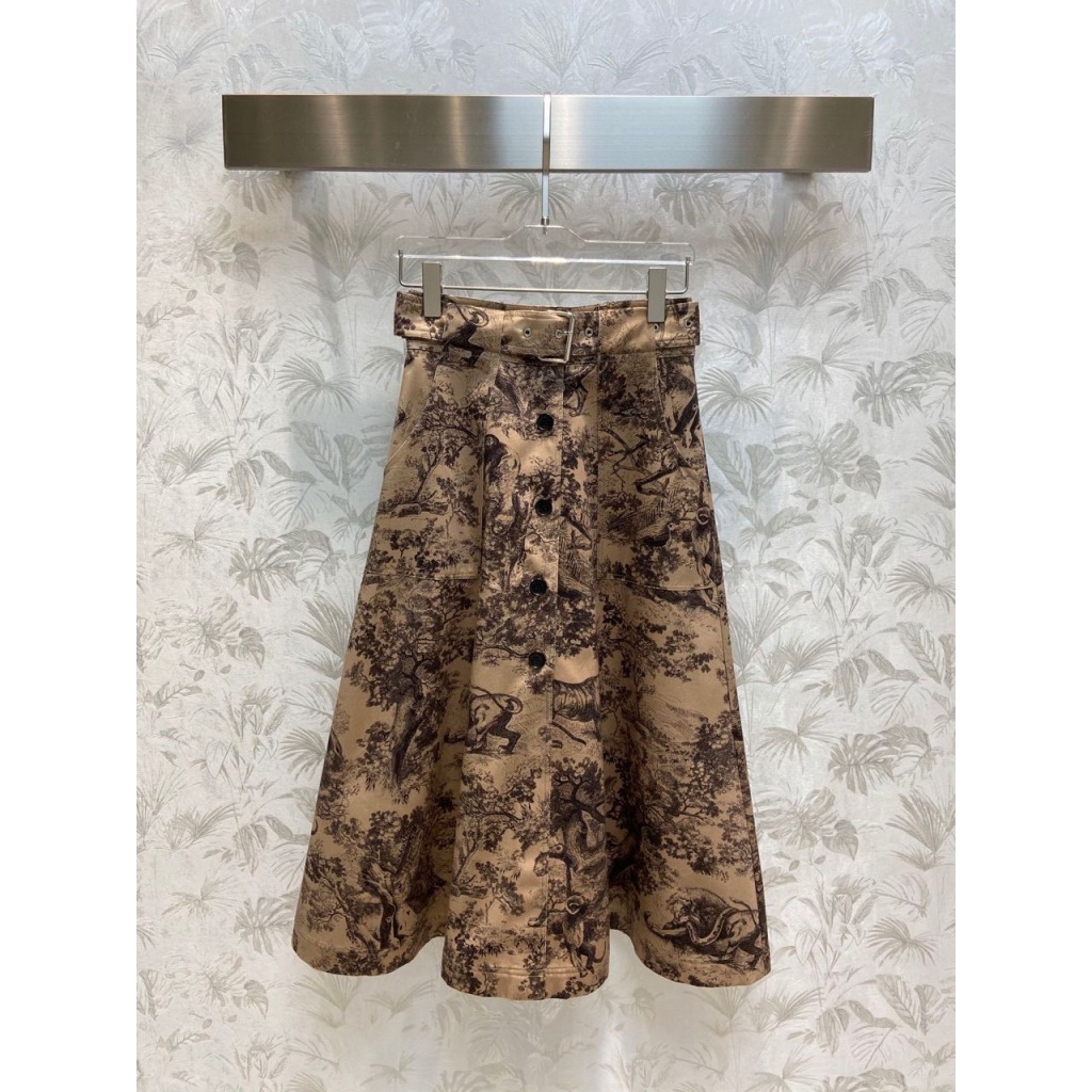 DIO-R autumn and winter printed dress Brown hip-covered British body-covered pleated temperament commuting side split half-length pleated skirt