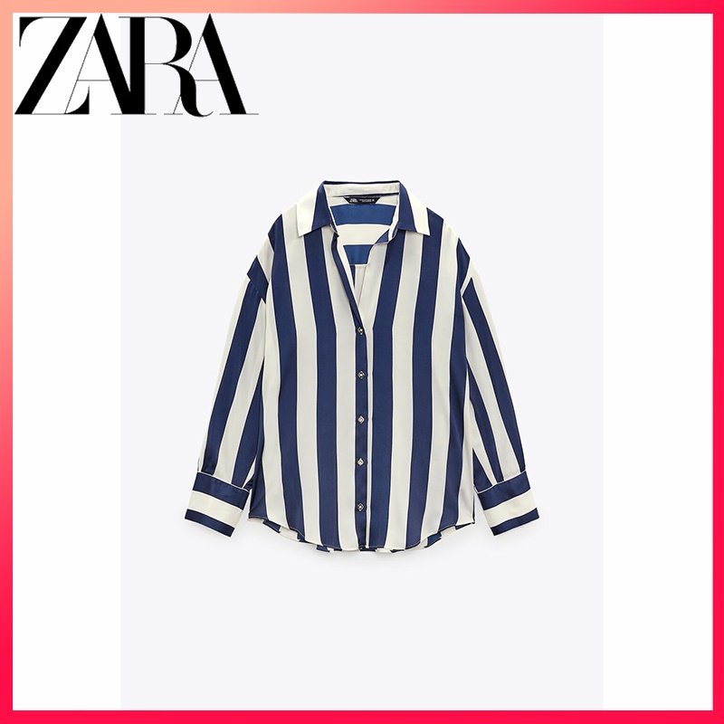 Zara Áo Sơ Mi Lụa satin Dáng Rộng Kẻ Sọc Cá Tính Thời Trang Cho Nữ