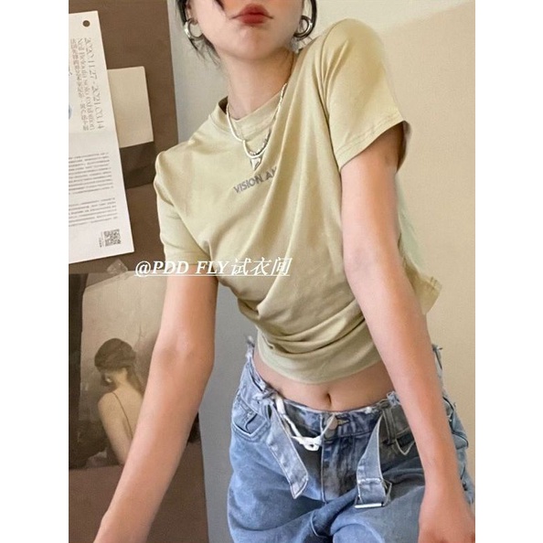 COZOK Áo Thun Tay Ngắn Dáng Ôm Xếp Ly Thời Trang vintage
