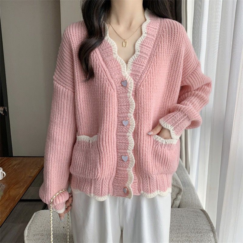 Áo Khoác Cardigan Dệt Kim Mềm Mại Dáng Rộng Cổ Chữ v Phối Ren Hình Trái Tim Cài Nút Thời Trang Xuân Thu