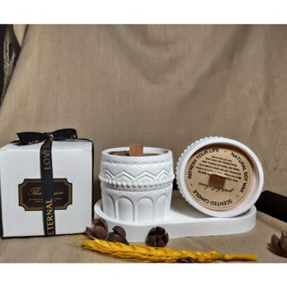 Nến Thơm Sáp Dừa Cốc Hoa Văn Bấc Gỗ Không Khói 350Gram Tặng Đế Gỗ Decor Trang Trí Làm Thơm Phòng Hộp Quà Tặng