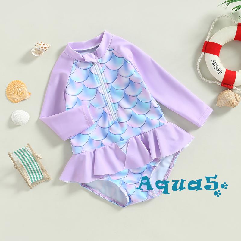 Bộ Đồ Bơi Liền Thân Dài Tay Cổ Tròn Họa Tiết Vảy Cá Cho Bé Gái