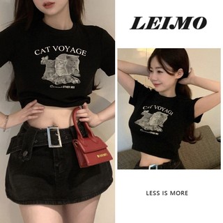 Áo Thun Crop Top Tay Ngắn Dáng Ôm In Hình Mèo Đen Thời Trang Mùa Hè Phong Cách Hàn Quốc Cho Nữ
