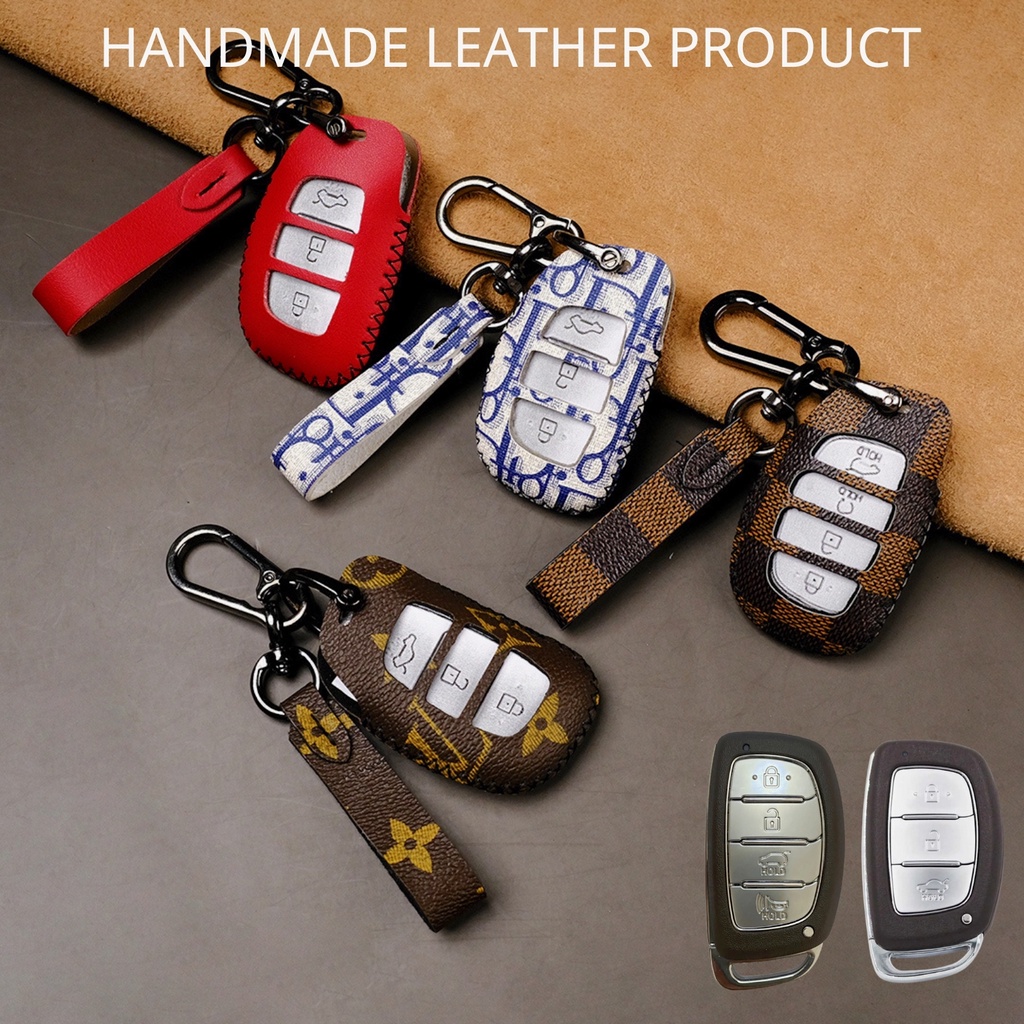 Bao da bọc chìa khóa ô tô Hyundai Tucson I10 I120 Elantra Creta 2022  khâu tay hở nút bấm móc đen HB