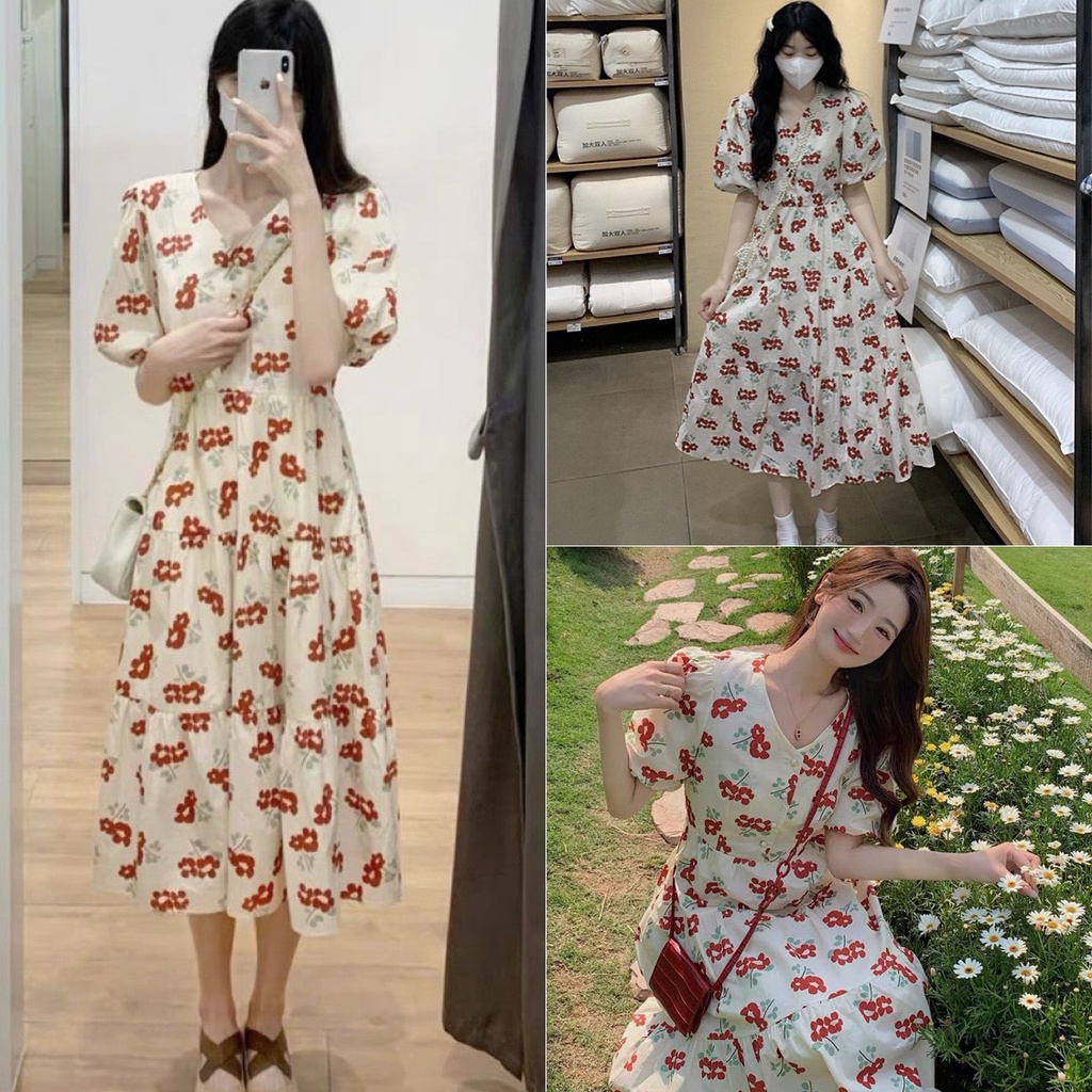 : Váy Hoa Thô Tay Bồng Khuy Ngọc Thắt Nơ Sau [LOLLA_YE_FASHION]