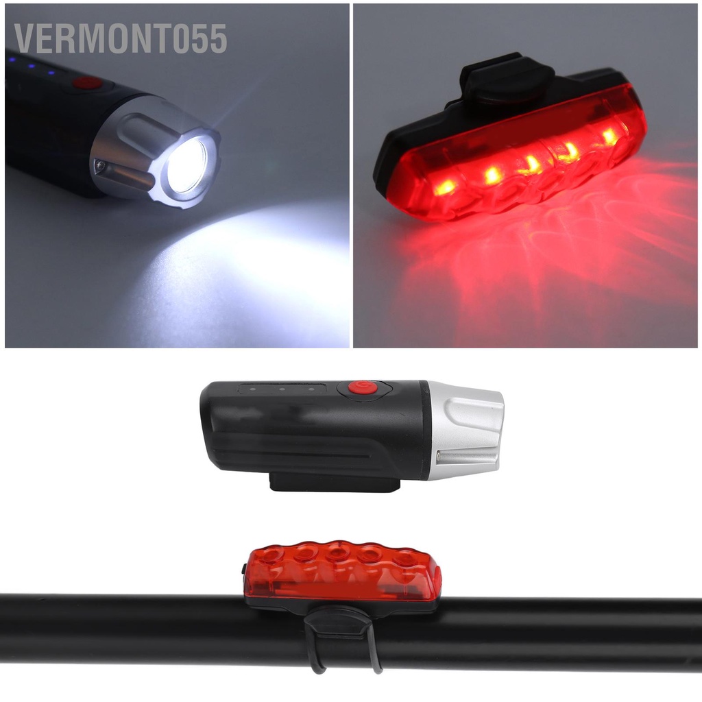 Có thể bán buôn Bộ đèn xe đạp siêu sáng có thể sạc lại USB Đèn pha phía trước và đèn hậu phía sau cho xe đạp đường núi vermont055 Hàng giao ngay