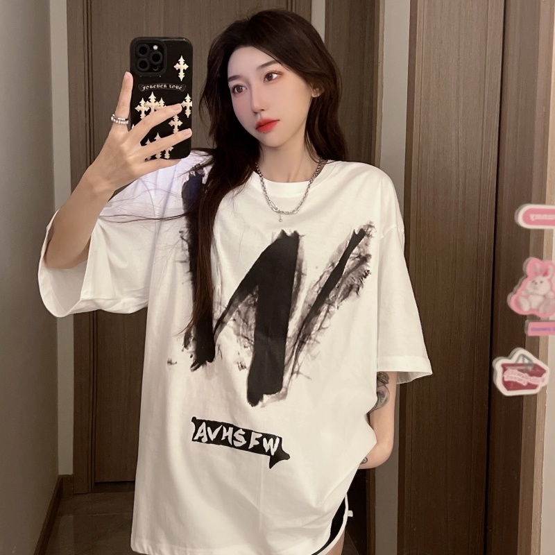 ZHELIHANGFEI Áo Thun Tay Ngắn Cổ Tròn Hình Trái Tim Form Rộng Dễ Phối Đồ