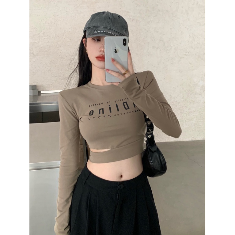Áo Thun croptop Tay Dài In Chữ Cá Tính Cho Nữ
