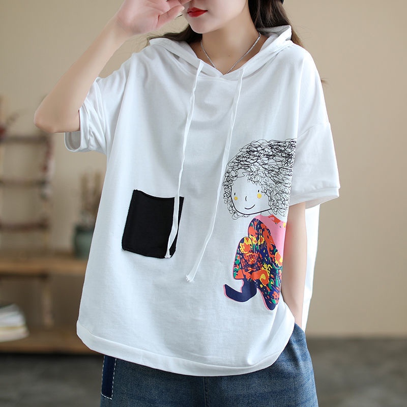 Áo Thun 100% Cotton Có Mũ Trùm Đầu Tay Ngắn Dáng Rộng Phong Cách Hàn Quốc Thời Trang Mùa Hè Hàng Mới
