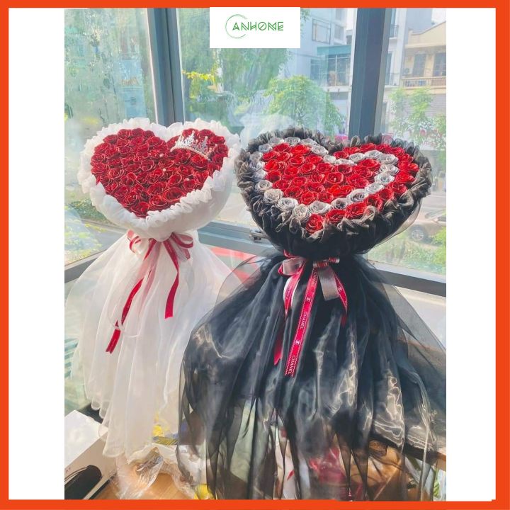 Bó hoa sáp, hoa nhũ hình trái tim bó vải voan sang trọng quà tặng valentine 14/2, 8/3, sinh nhật, sự kiện ý nghĩa