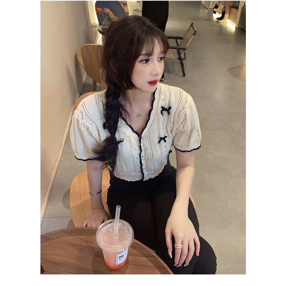 Áo Len Nơ Nhung Khuy Ngọc CAROLL Nữ FREESHIP - Thun phối viền đen Kiểu Dáng Tiểu Thư Chất Ulzzang