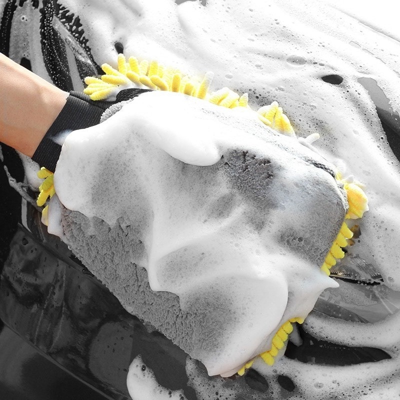 Găng Tay Lông Cừu San Hô Hai Mặt 2 Trong 1 Dày Dặn Thấm Hút Vệ Sinh Xe Hơi
