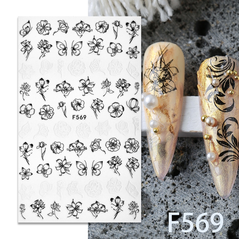 1 Tờ Nhãn Dán Trang Trí Móng Tay Họa Tiết Hình Học Màu Trắng Đen