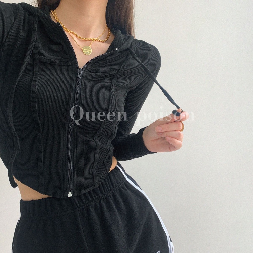 Áo croptop tay dài áo croptop Áo Khoác Thể Thao Có Nón Phối Khóa Kéo Phong Cách Âu Mỹ Cho Nữ