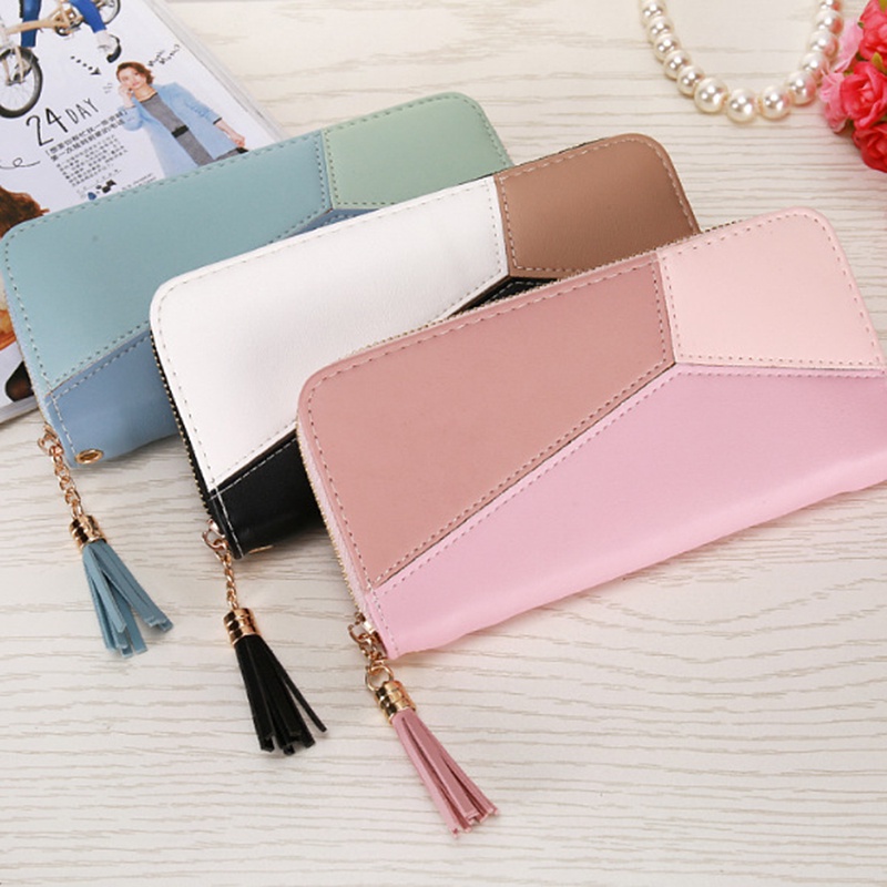 Ví Dài Sức Chứa Lớn Có Khóa Kéo Phối Màu Thời Trang Phong Cách Hàn Quốc Cho Nữ