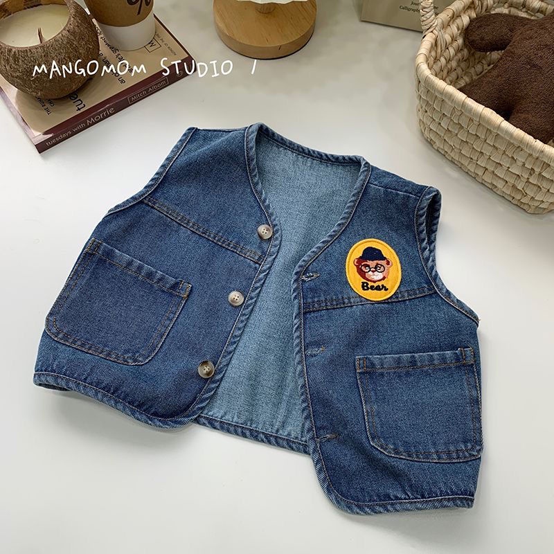 Áo Khoác Denim Không Tay Phong Cách Nhật Bản Hàn Quốc Thời Trang Xuân Thu Mới 2023 Cho Bé Trai / Gái