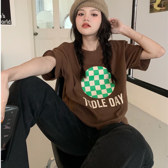 Áo Thun Tay Ngắn Cổ Tròn Dáng Rộng In Chữ Phối Màu Tương Phản Thời Trang Mùa Hè Cho