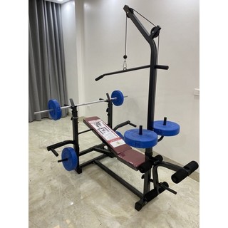 Ghế tập tạ đa năng Hoàng Đức SPORT bao gồm 50kg tạ nhựa và đòn 1.5m