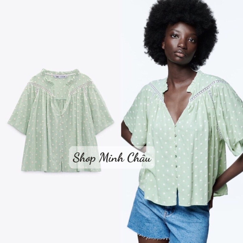 (Sẵn)Áo sơ mi babydoll xanh ngọc Zarraa canh sale