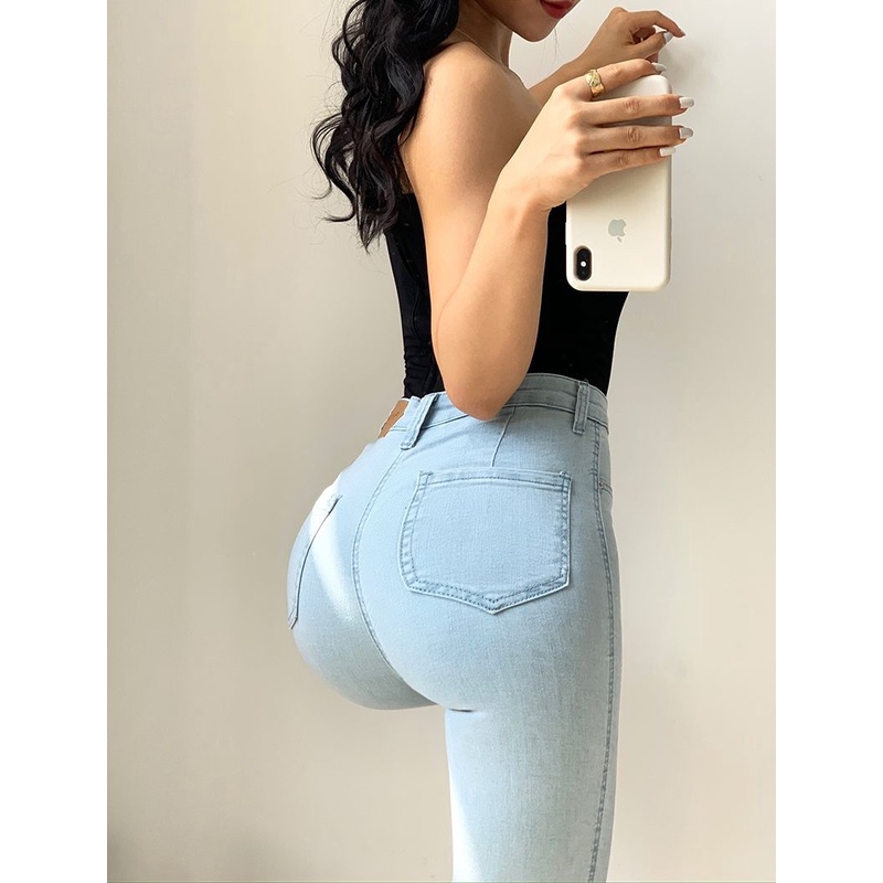 Quần Jean Dài Ống Ôm Hai Túi Lưng Cao Cỡ Nhỏ Thời Trang Quyến Rũ Cho Nữ