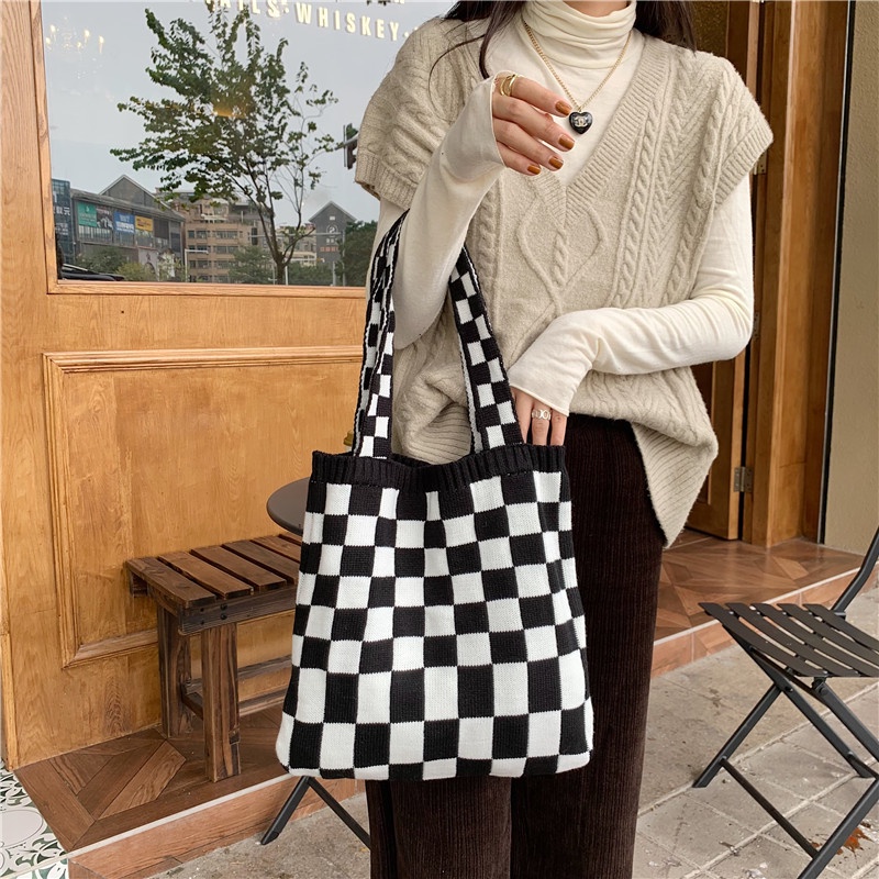 Túi Xách Vải canvas Cỡ Lớn Họa Tiết Caro Thời Trang Thu Đông Mới Cho Nữ