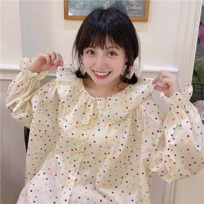Áo Sơ Mi Chiffon Tay Dài Dáng Rộng Cổ Peter Pan Họa Tiết Chấm Bi Nhiều Màu Dễ Thương Phong Cách Nhật Bản Cho Nữ