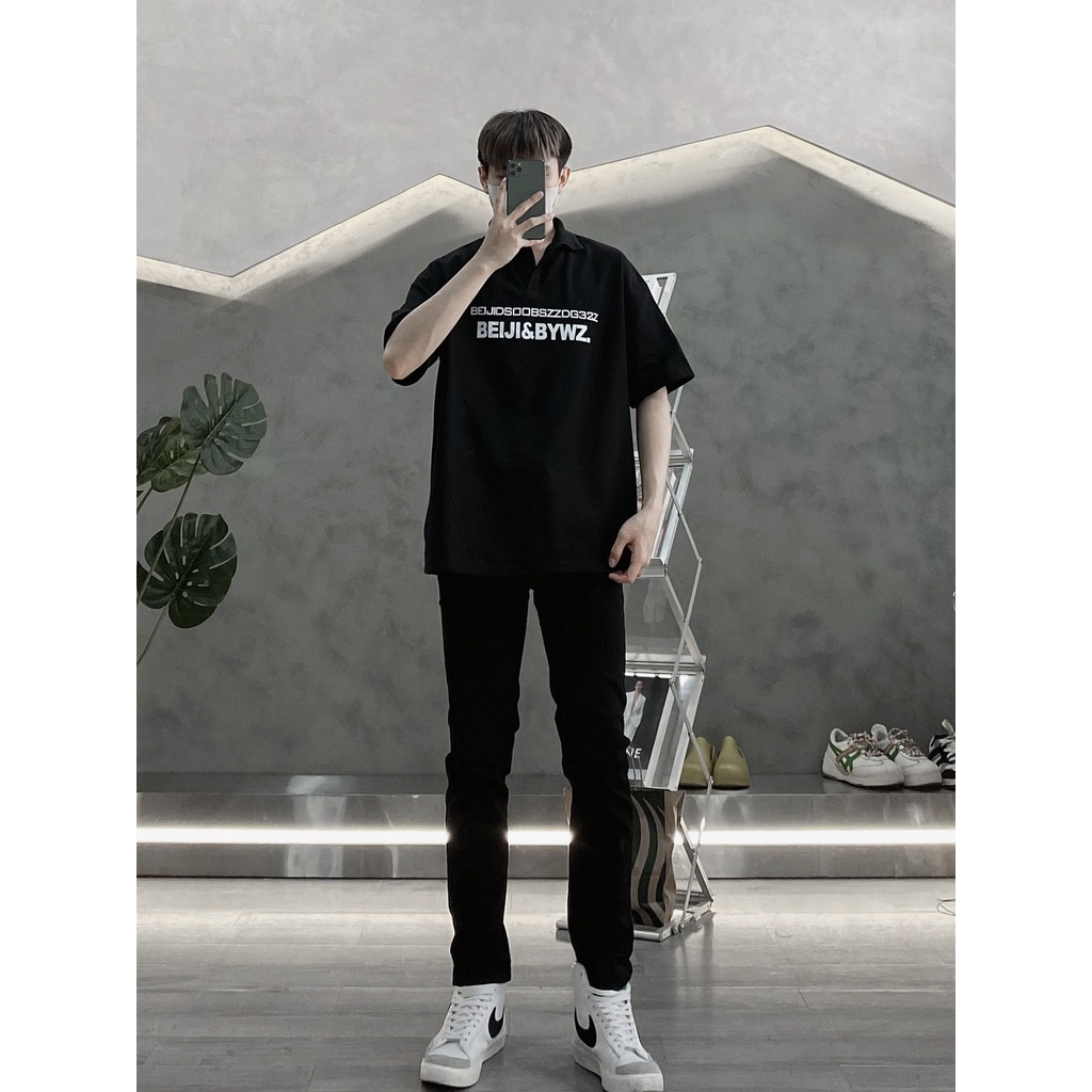 Áo Thun Polo Nam Màu Đen In Chữ Trắng Form Rộng Chất Liệu Cotton VNXK