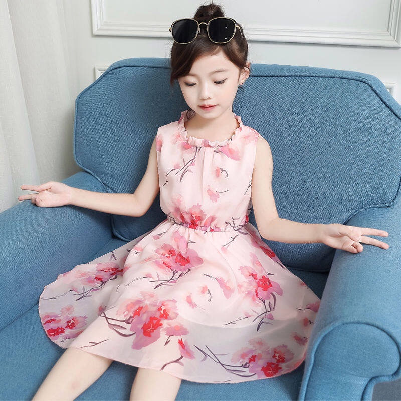 Đầm Voan Hoa Đi Biển Thời Trang Mùa Hè Dành Cho Bé Gái 3-14 Tuổi 110-160cm